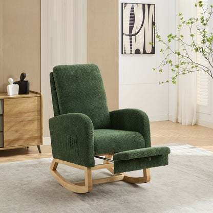 Boucle High Back Glider Rocking Chair With Retractable Footrest And Rubber Wood Legs For Nursery And Living Room - Green