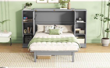 Queen Size Murphy Bed With Shelves, Drawers And USB Ports - Gray