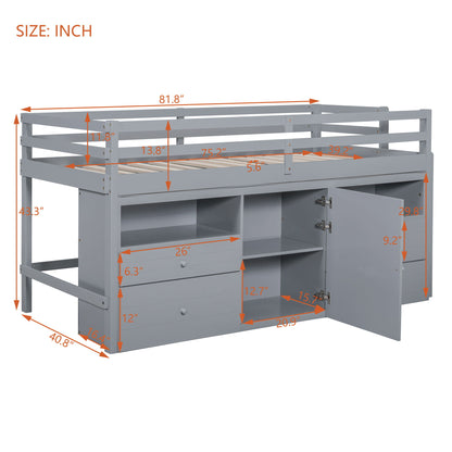 Twin Size Loft Bed With 4 Drawers, Underneath Cabinet And Shelves - Gray