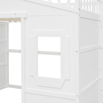 Full Size House Loft Bed With Ladder - White