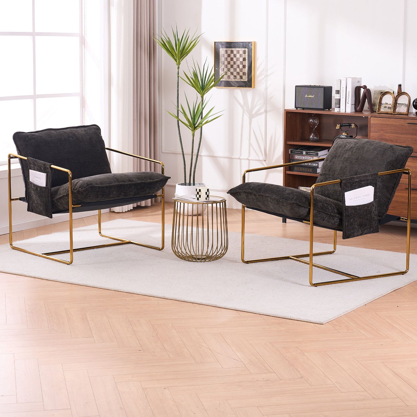 Upholstered Hanging Armchair With Arm Pocketsmetal Frame (Set of 2), Gold-Plated Craftsmanship, Crushed Foam Cushions And Skin-Friendly Woven Fabric For Living Room And Bedroom - Dark Gray