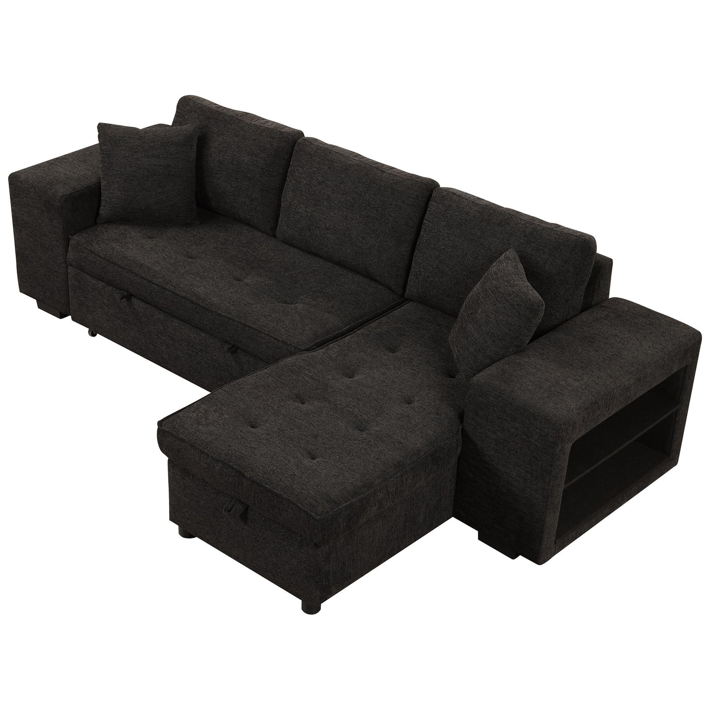 Modern L-Shape 3 Seat Reversible Sectional Couch, Pull Out Sleeper Sofa With Storage Chaise And 2 Stools For Living Room Furniture Set - Charcoal Gray