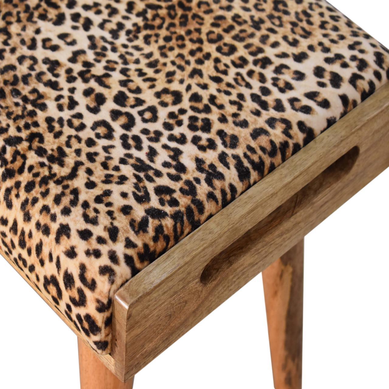 Leopard Velvet Tray Style Footstool - Brown Oak