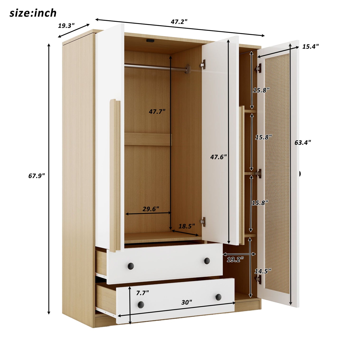 3 Doors Rattan Wardrobe Storage For Bedroom, With 2 Drawers - White / Nature