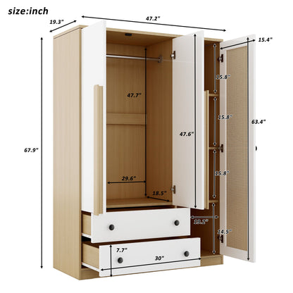 3 Doors Rattan Wardrobe Storage For Bedroom, With 2 Drawers - White / Nature
