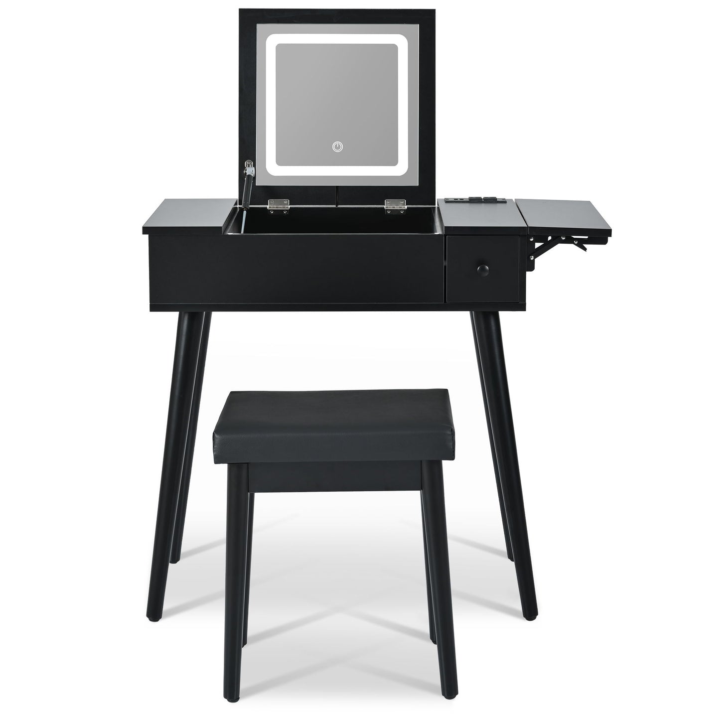 Makeup Vanity Desk With Flip Top Mirror And LED Light, Dressing Table With Charging Station, 2 Drawers And Fold Up Panel, Vanity Set With Cushioned Stool For Bedroom - Black