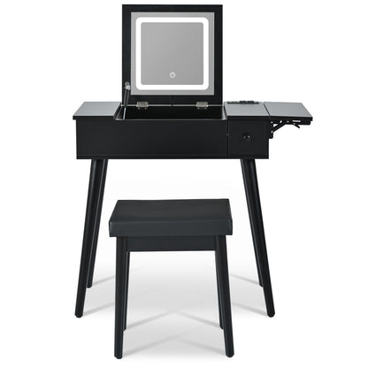 Makeup Vanity Desk With Flip Top Mirror And LED Light, Dressing Table With Charging Station, 2 Drawers And Fold Up Panel, Vanity Set With Cushioned Stool For Bedroom - Black