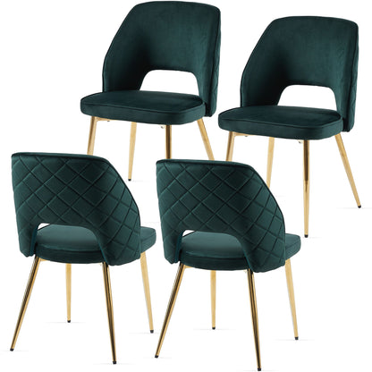 Velvet Dining Chairs With Metal Legs And Hollow Back Upholstered Dining Chairs (Set of 4) - Dark Green