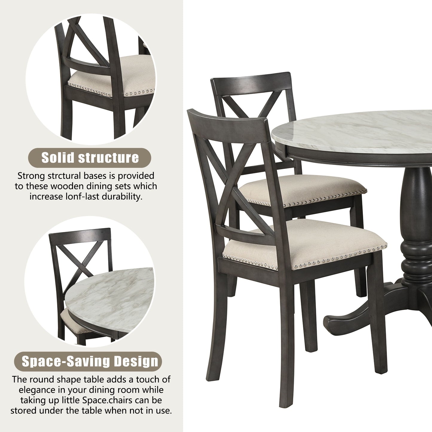 5 Pieces Dining Table And Chairs Set For 4 Persons, Kitchen Room Solid Wood Table With 4 Chairs - Gray