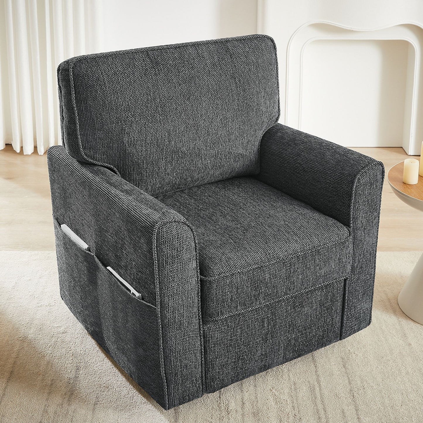 360 Degree Swivel Chair Accent Barrel Armchair With Side Pockets, Compact Design For Living Room, Bedroom, Office - Gray