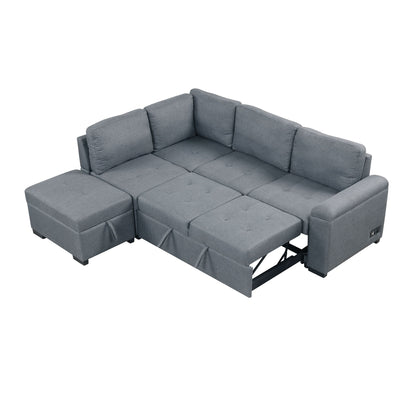 Sleeper Sectional Sofa, L-Shape Corner Couch Sofa - Bed With Storage Ottoman & Hidden Arm Storage & USB Charge For Living Room Apartment - Dark Gray