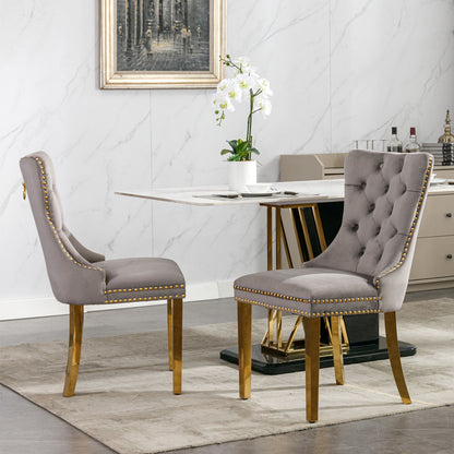 Nikki - Modern, High-End Tufted Solid Wood Contemporary Velvet Upholstered Dining Chair With Golden Stainless Steel Plating Legs, Nailhead Trim (Set of 2) - Gray / Gold