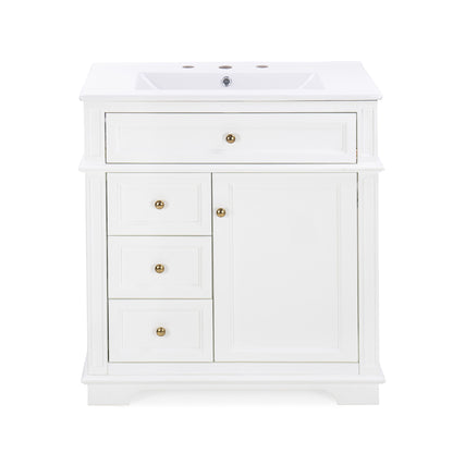 Freestanding 30" Bathroom Vanity With Sink, Soft Closing Door, Tip Out Drawer - White