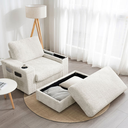 Oversized Chaise Lounge Indoor Rabbit Fur Sofa Bed With Storage Ottoman And Armrests Cup Holders With Deep Seat - Beige