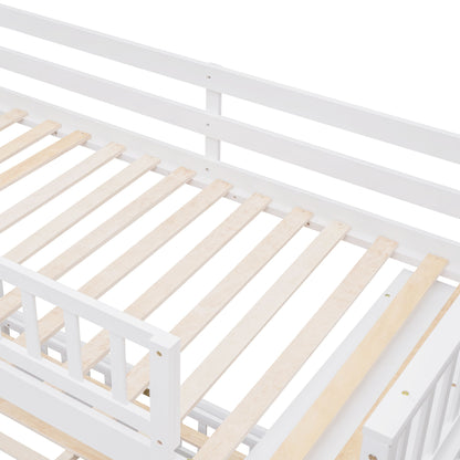 Twin Over Full Bunk Bed With 6 Drawers And Flexible Shelves, Bottom Bed With Wheels - White