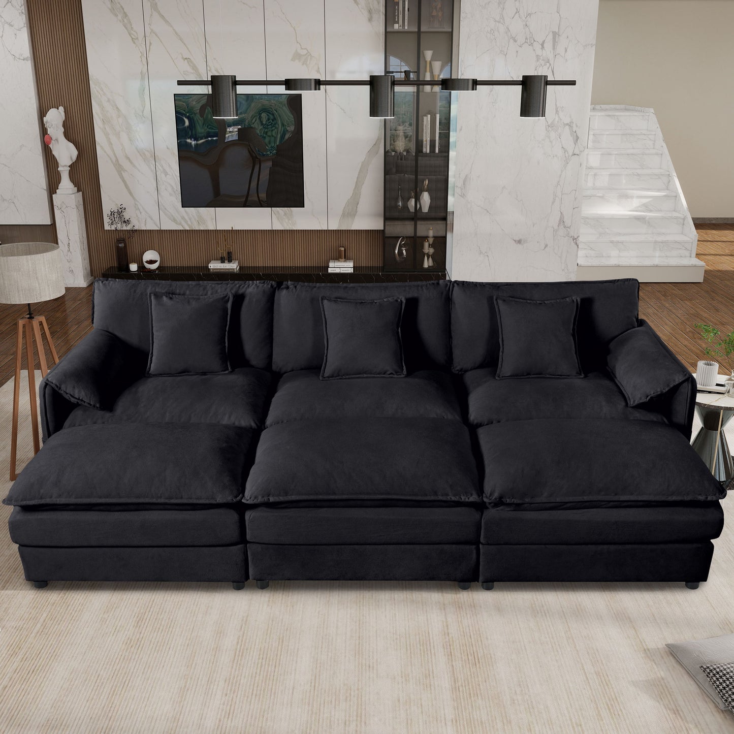 Oversized Deep Seat Sectional Cloud Sofa Sleeper With 3 Ottomans & Soft Pillows, Modular Couch Bed - Black