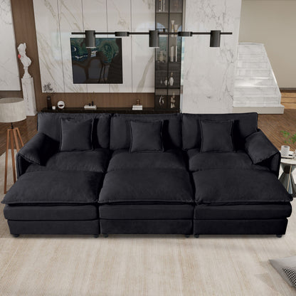 Oversized Deep Seat Sectional Cloud Sofa Sleeper With 3 Ottomans & Soft Pillows, Modular Couch Bed - Black