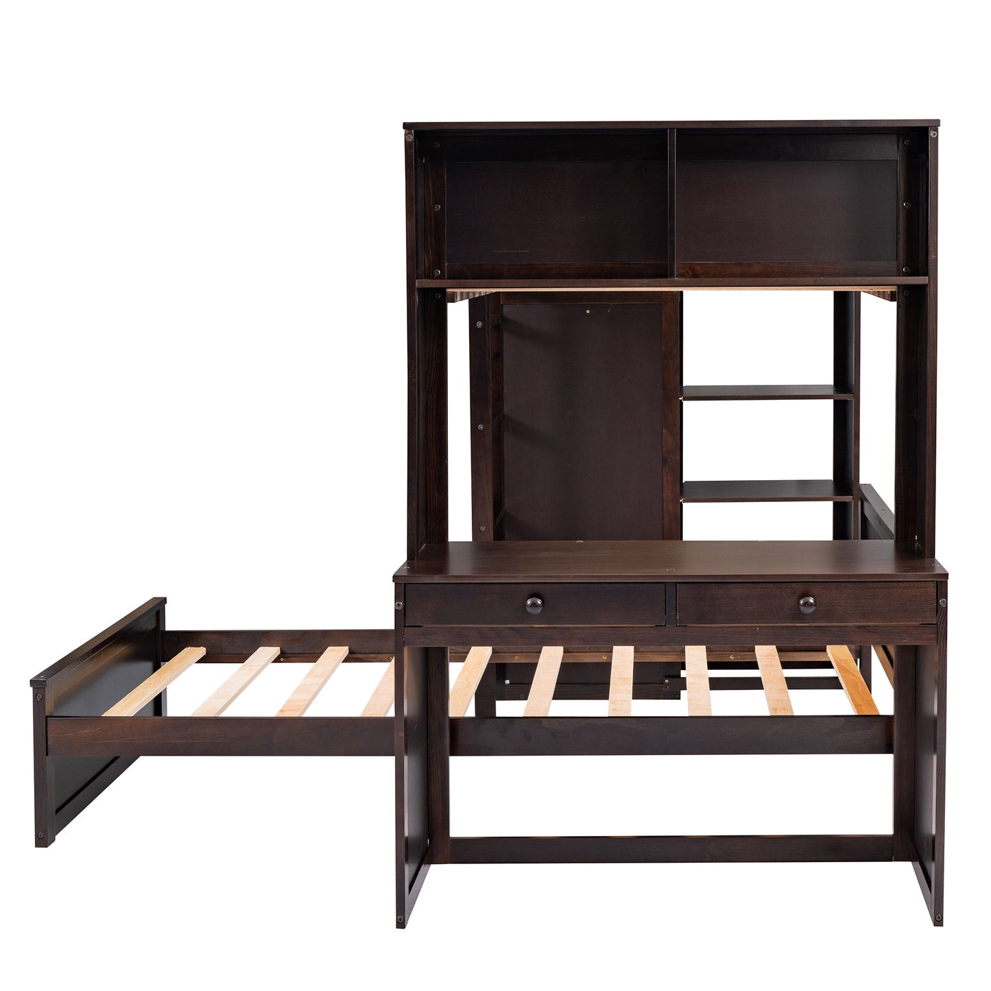 Twin Size Loft Bed With A Stand Alone Bed, Shelves, Desk, And Wardrobe - Espresso