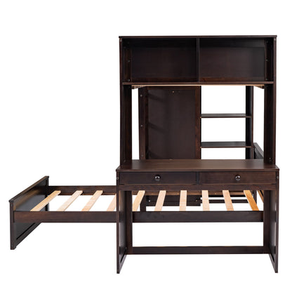 Twin Size Loft Bed With A Stand Alone Bed, Shelves, Desk, And Wardrobe - Espresso