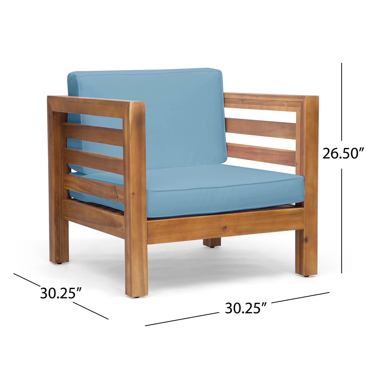 Outdoor Club Chair, Acacia Wood Patio Chair With Fabric Cushion For Backyard, Poolside, Garden Or Porch - Pecan / Blue