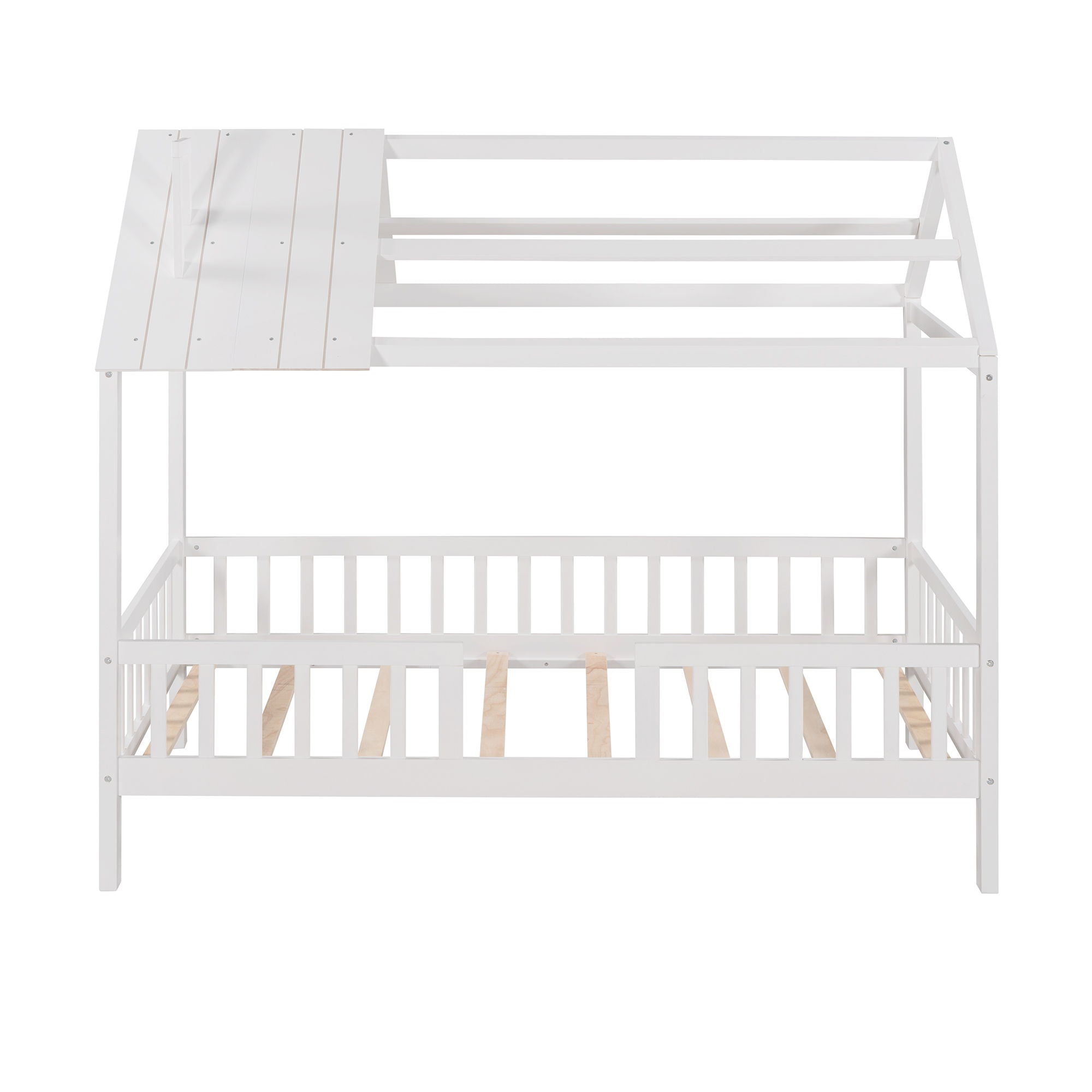 Twin Size House Bed With Fence - White