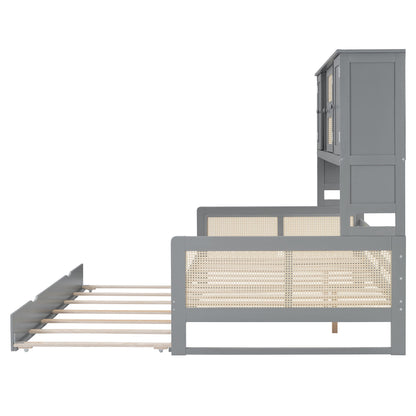 Full Size Wooden Daybed & Twin Size Trundle, And All In One Cabinet And Shelf - Gray
