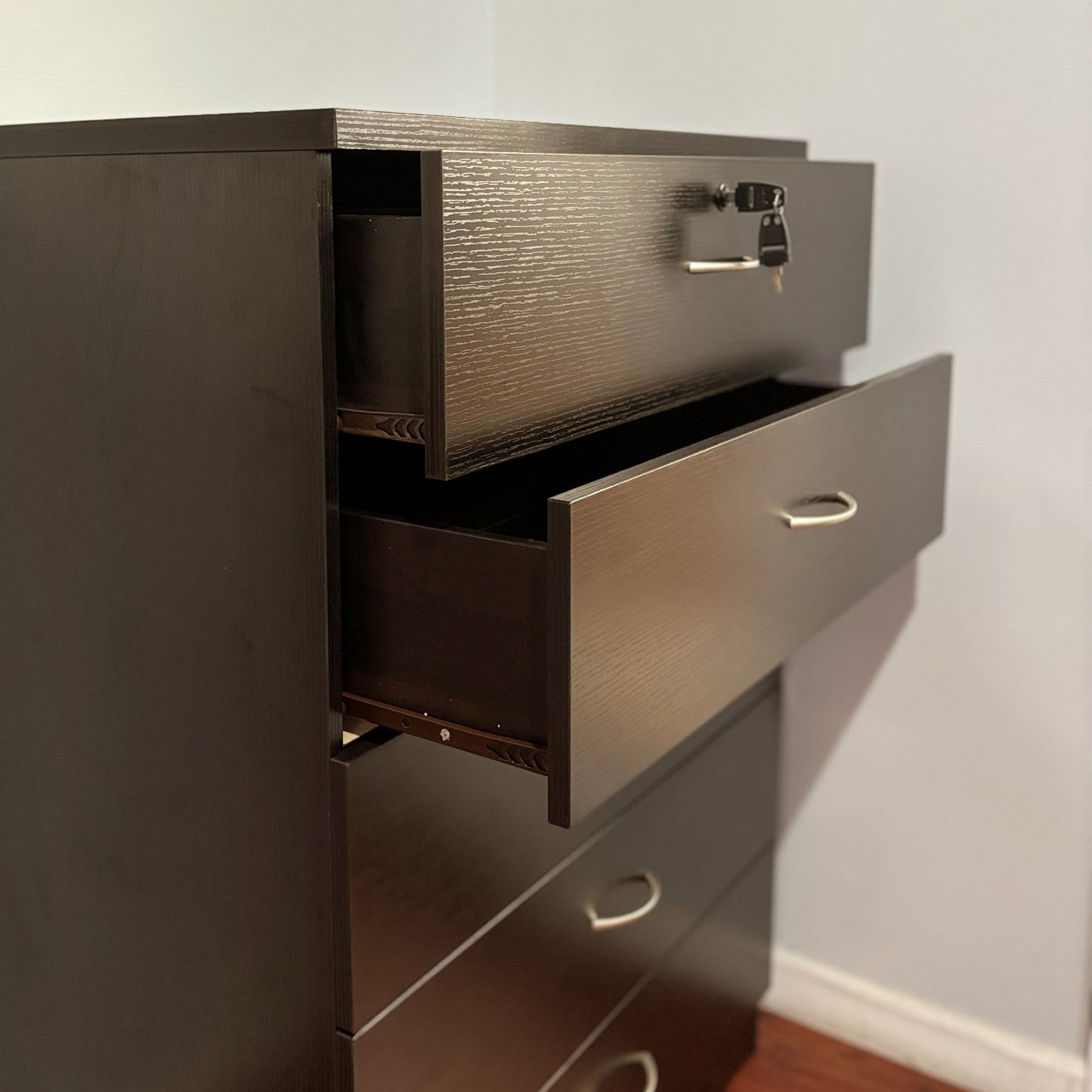5 Drawer Chest Metal Handles Locking Top Drawer Metal Glide Rails Melamine Laminate - Red Cocoa Espresso