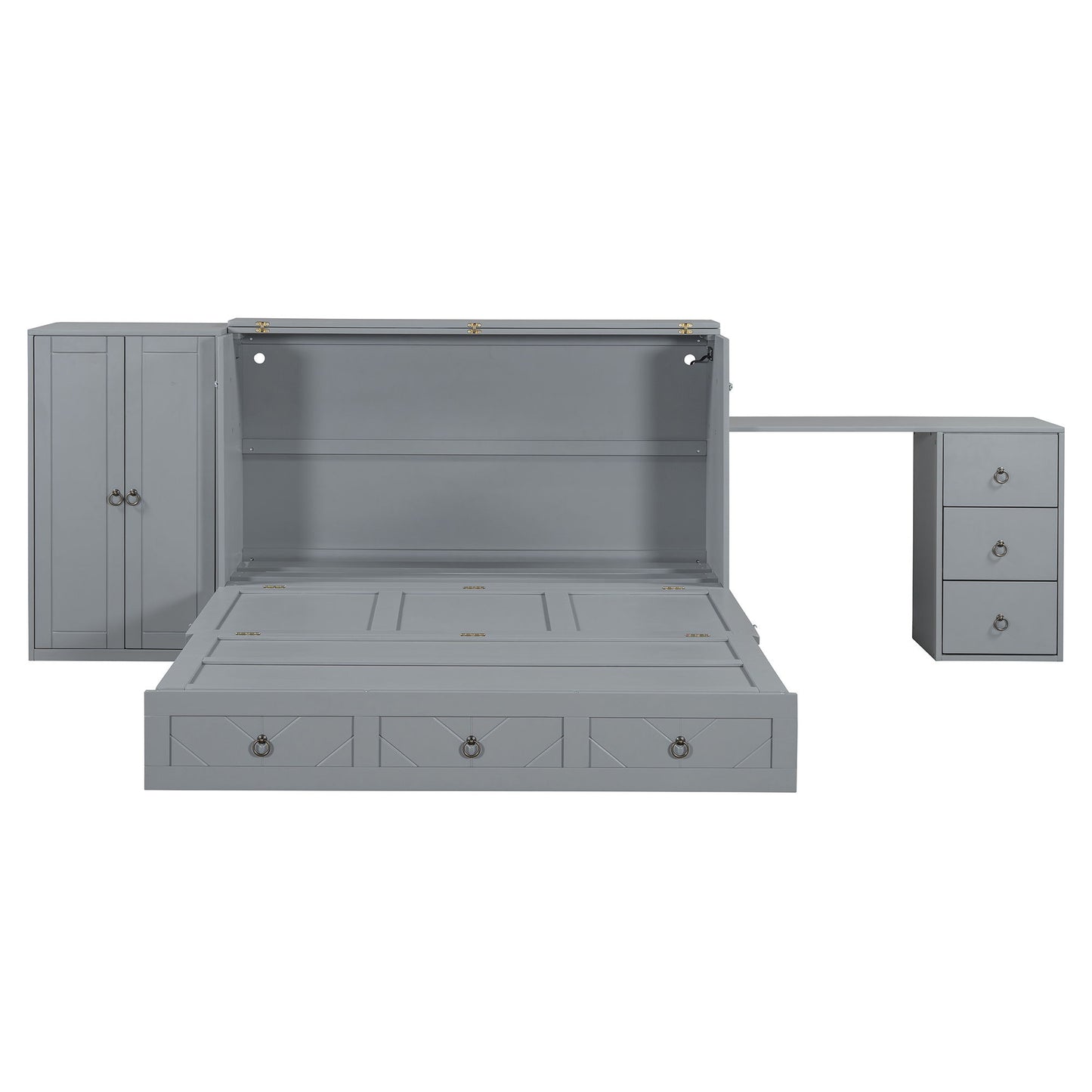 Queen Size Murphy Bed With USB Port, Large Drawer, And Wardrobe / Desk Combo Versatile Cabinet Bed - Gray