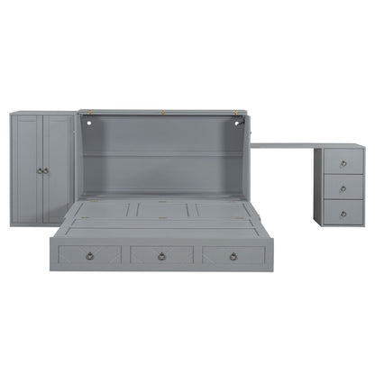 Queen Size Murphy Bed With USB Port, Large Drawer, And Wardrobe / Desk Combo Versatile Cabinet Bed - Gray