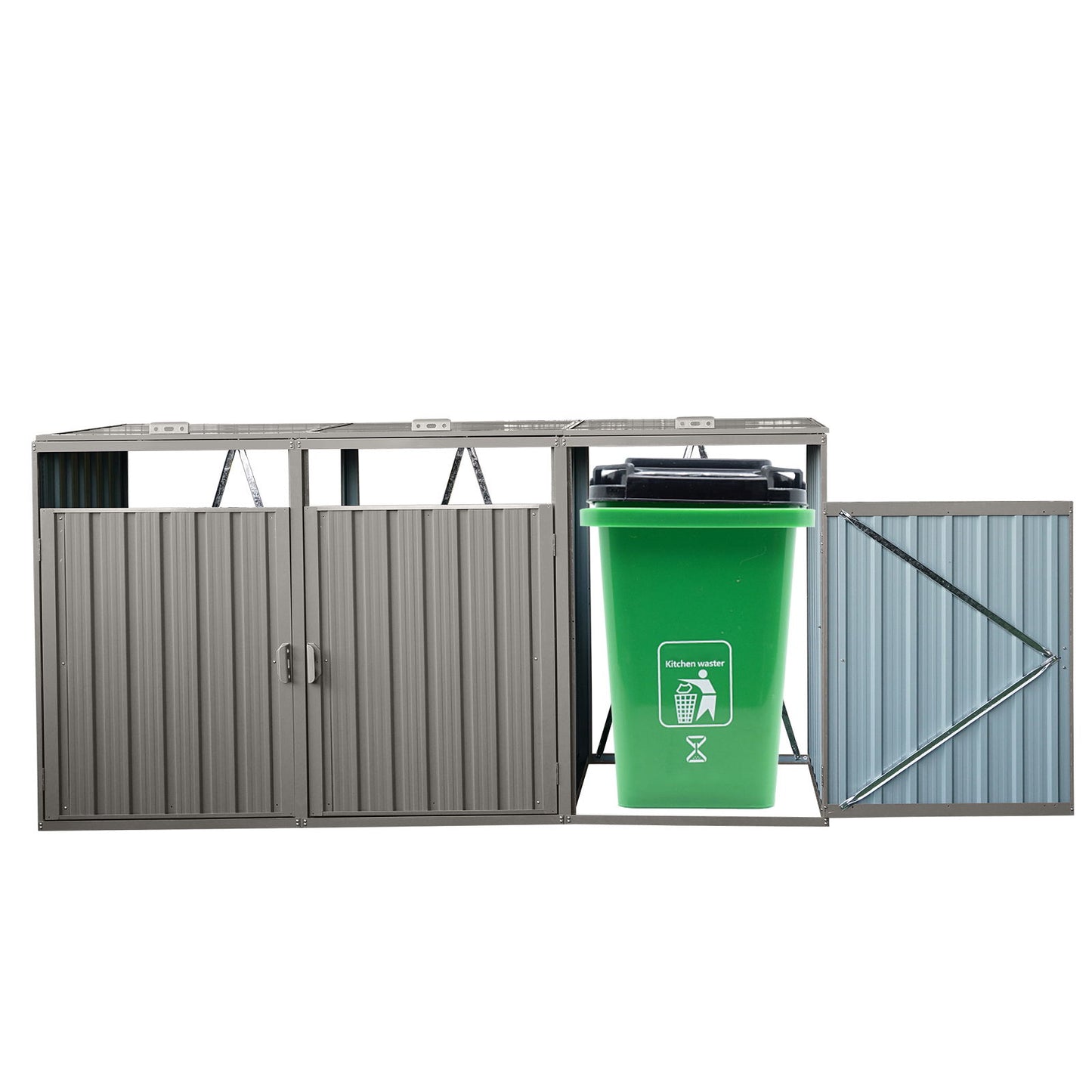 Garbage Bin Shed Stores 3 Trash Cans Metal Outdoor Bin Shed For Garbage Storage, Stainless Galvanized Steel, Bin Shed For Garden Yard Lawn - Gray