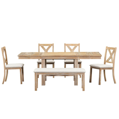 Topmax - 6 Piece Farmhouse Extendable Dining Table With Footrest, 4 Upholstered Dining Chairs And Dining Bench, Two 11" Removable Leaf - Natural / Beige