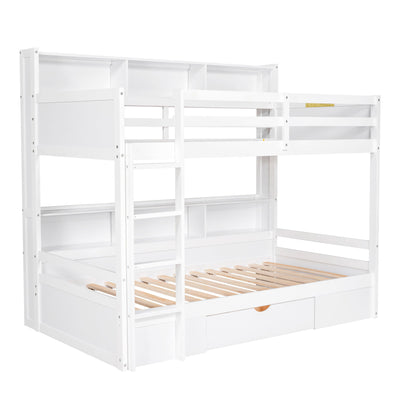 Twin Size Bunk Bed With Built-In Shelves Beside Both Upper And Down Bed And Storage Drawer - White