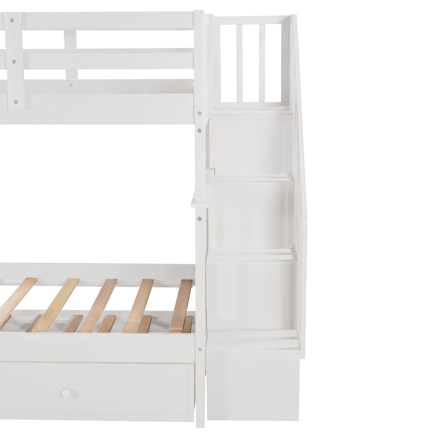 Twin Over Twin Stairway Bunk Bed With Twin Size Trundle For Bedroom - White