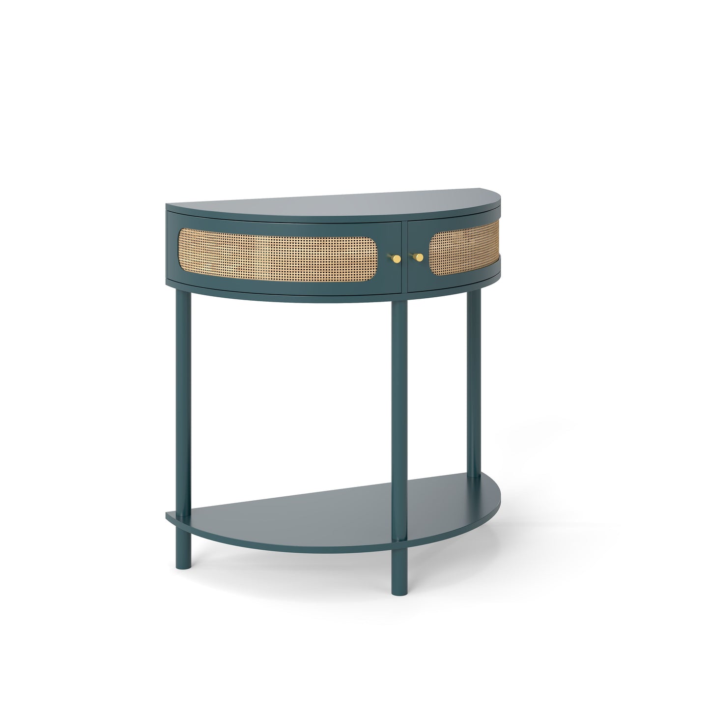 Boho Rattan Semi Circle End Table With Sliding Rattan Door, Elegant Entryway Console With Storage And Bottom Shelf - Antique Green