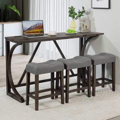 4 Piece Bar Table Set With Power Outlet, Dining Bar Table And Chairs Set, Bar Table Set With 3 Padded Stools For Living Room, Dining Room, Game Room - Dark Gray