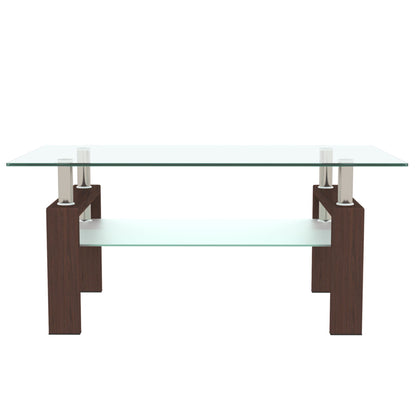 Rectangle Glass Coffee Table, Modern Side Center Tables - Walnut / Clear