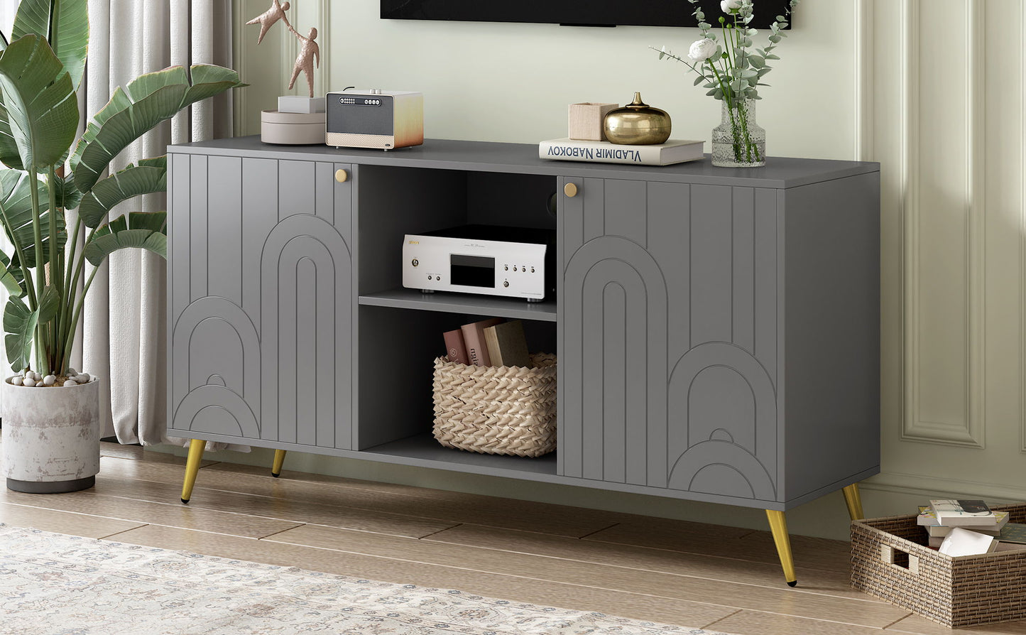 Modern TV Stand For TVs Up To 55", Entertainment Center Media Console, Adjustable Shelf, Metal Legs, Handles And Anti-Tip Device For Living Room - Gray