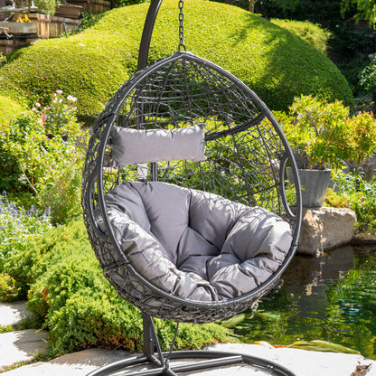 Kylie - Boho Style Hanging Basket Chair Rattan With Water Resistant Cushions - Gray