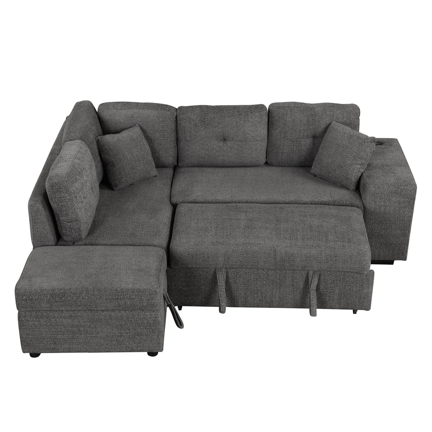 Convertible Sleeper, Sectional Pull Out Sofa Bed With Storage Ottoman, 2 Throw Pillows, 2 Stools, Wireless Charger And Two Hidden USB Ports For Living Room - Dark Gray