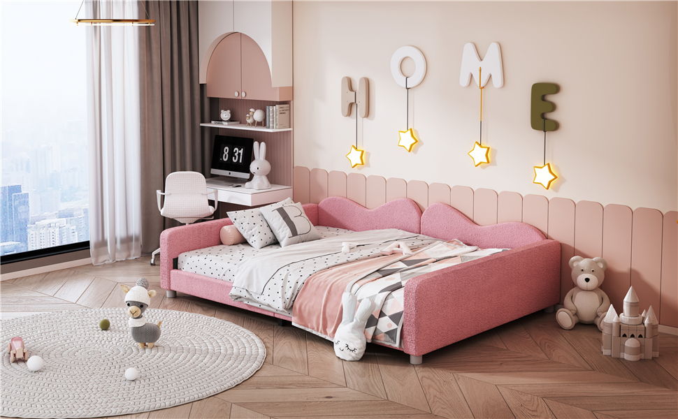 Full Size Upholstered Daybed, Sherpa Fabric Sofabed With Cloud-Shaped Backrest, No Box - Spring Needed - Pink