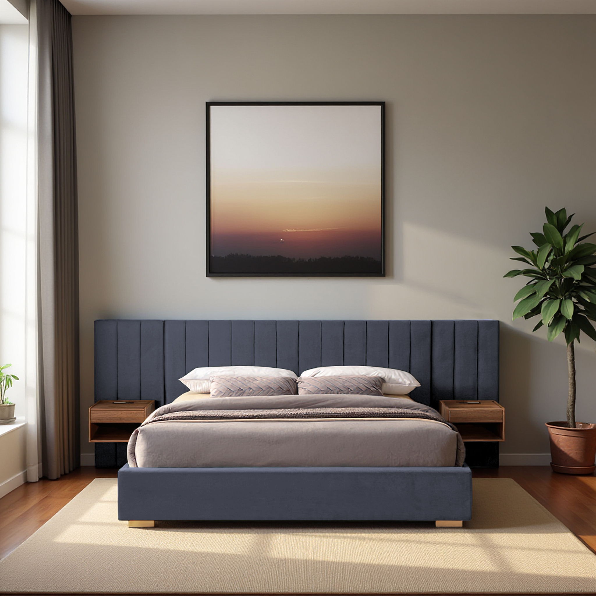 Upholstered Queen Size Bed Frame Of Velvet Tufted Headboard With Floating Nightstand LED / USB Built - Gray