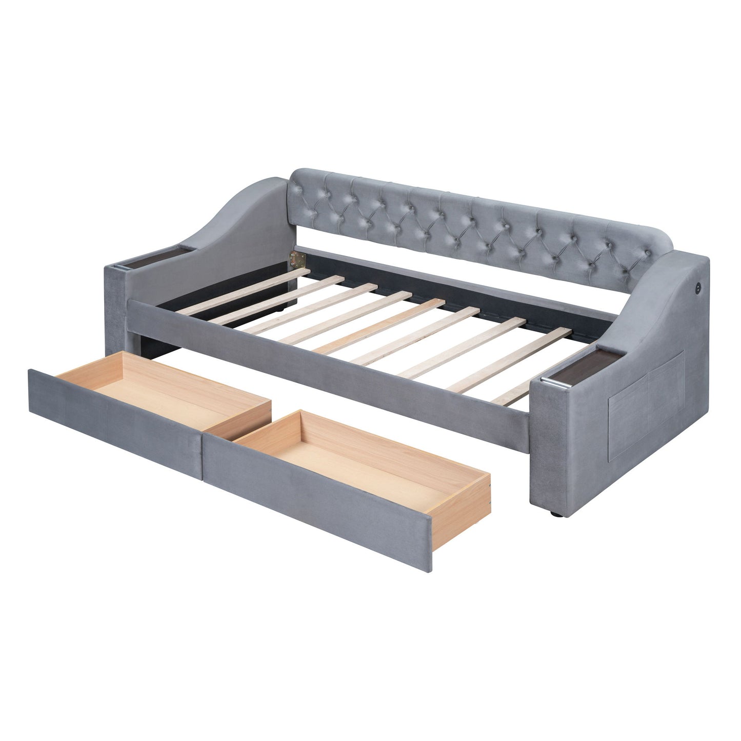 Twin Size Upholstered Daybed With Storage Armrests And USB Port - Gray