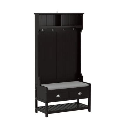 3 In 1 Wooden Hallway Hall Tree With Storage Drawers, Coat Rack, Shoe Rack Bench, And Cushion - Amber Graphite / Black