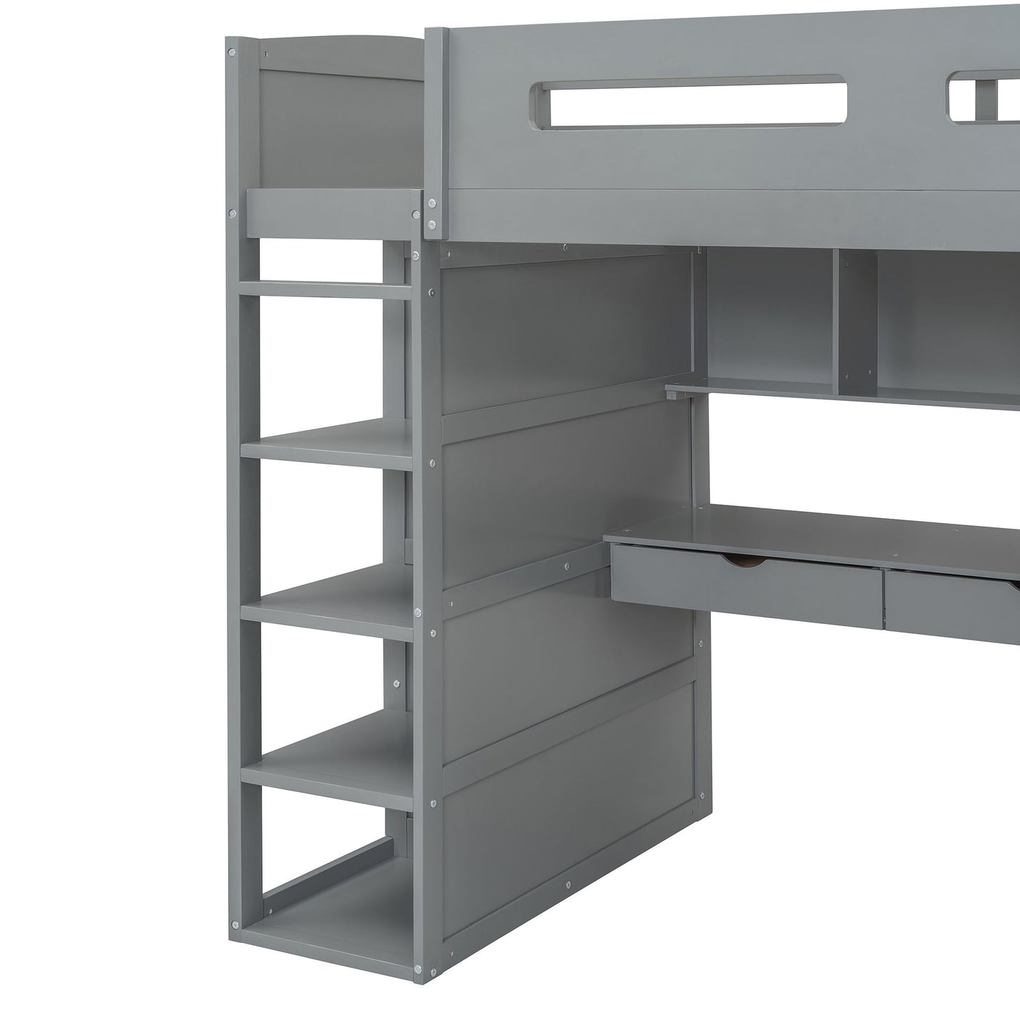 Twin Size Loft Bed With Desk, Wardrobes, 4 Drawers And 4 Shelves Construction - Gray