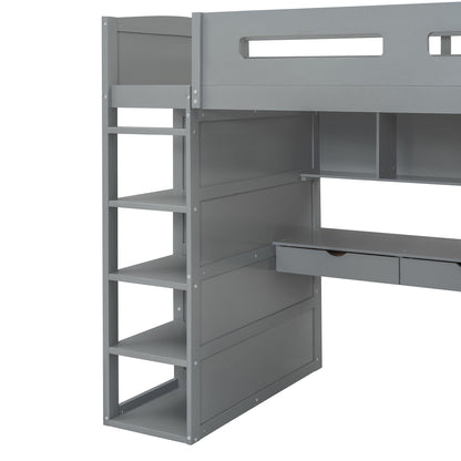 Twin Size Loft Bed With Desk, Wardrobes, 4 Drawers And 4 Shelves Construction - Gray
