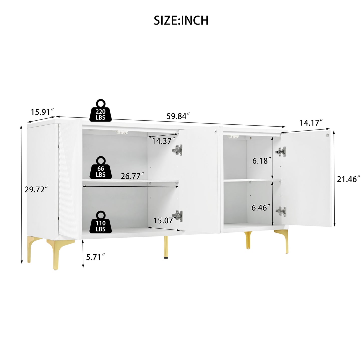 Modern Wood Sideboard Cabinet With Carved Door Panels, Adjustable Shelves, And Sturdy Metal Legs - White