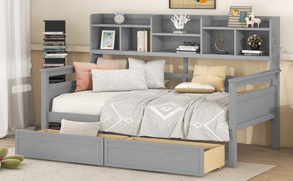Twin Size Daybed, Slat Support, With Bedside Shelves And 2 Drawers - Gray