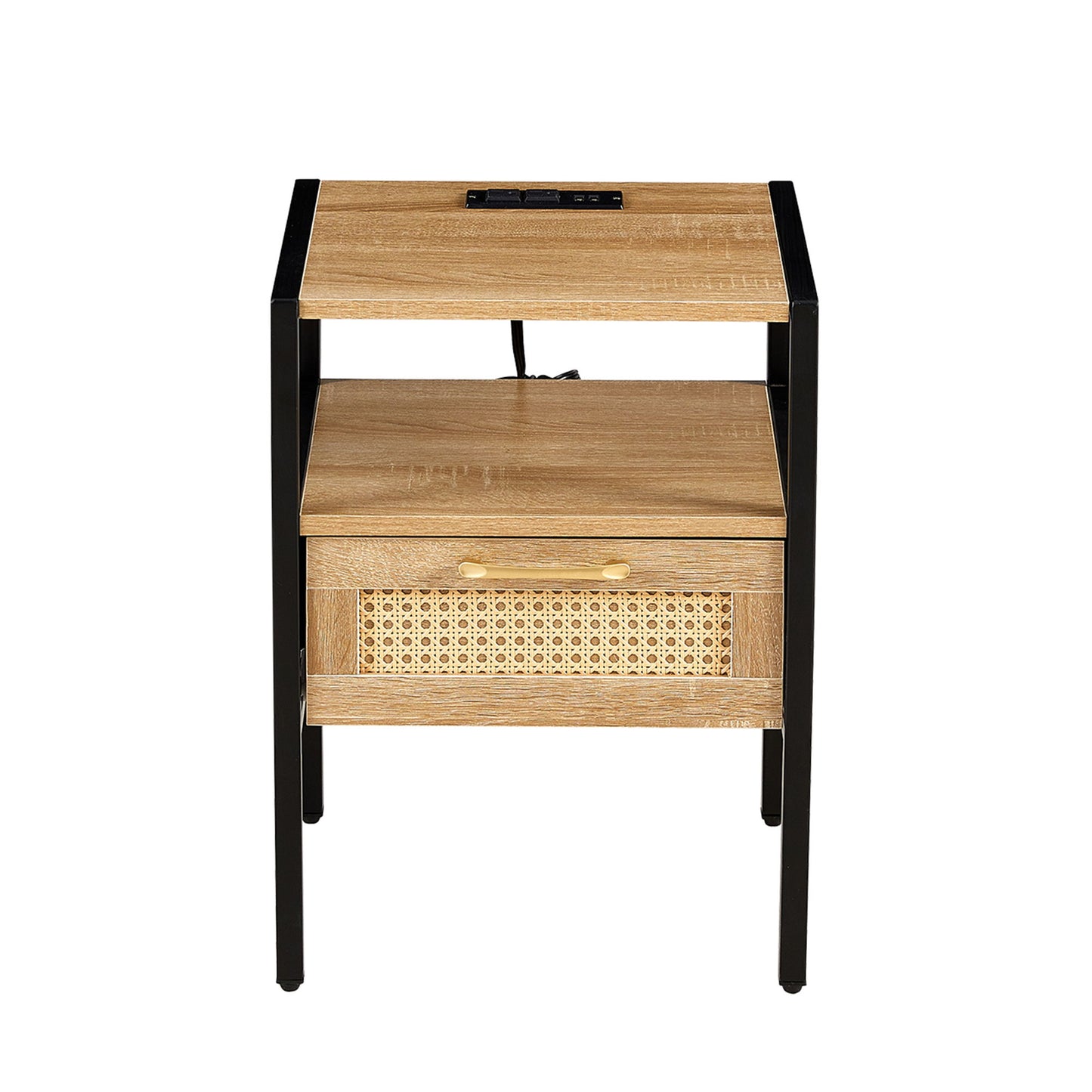 Rattan End Table With Power Outlet & USB Ports, Modern Nightstand With Drawer And Metal Legs, Side Table For Living Room, Bedroom - Natural