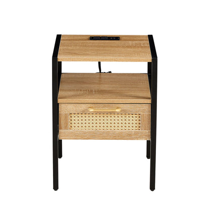 Rattan End Table With Power Outlet & USB Ports, Modern Nightstand With Drawer And Metal Legs, Side Table For Living Room, Bedroom - Natural