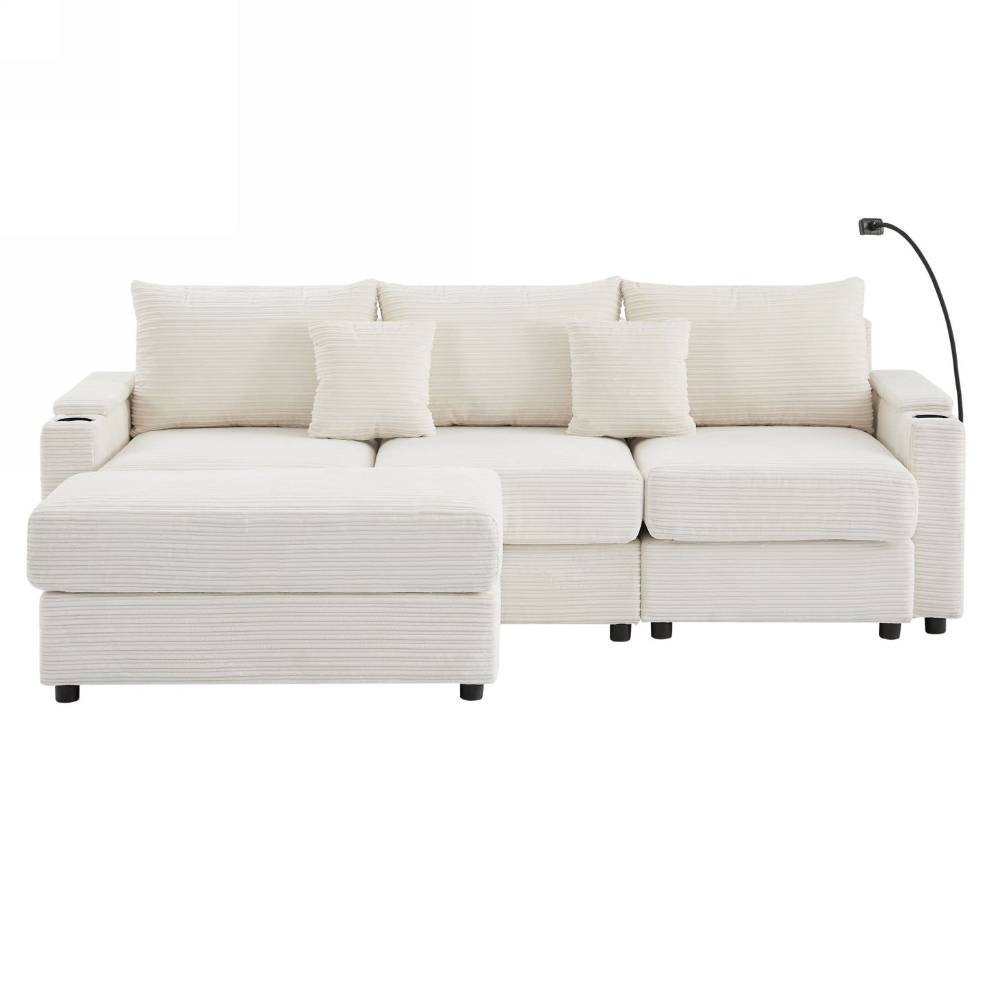 Modern Style 3 Seater Sofa Sectional Sofa Couch With Storage Space, A Movable Ottoman, Two USB Ports, Two Cup Holders, A Phone Holder For Living Room - Beige